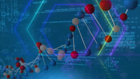 Colorful DNA Strand Amidst Data and Geometrical Shapes