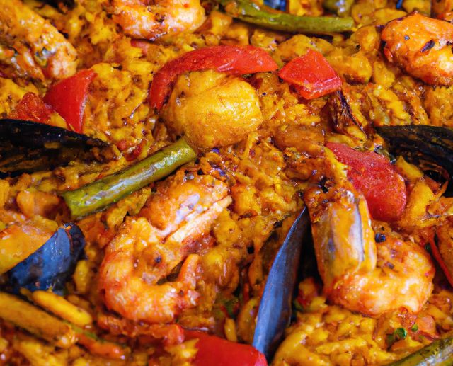 Close up of fresh paella created using generative ai technology. Food and traditional concept, digitally generated image.