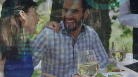 Friends Enjoying Picnic with Digital Data Overlay