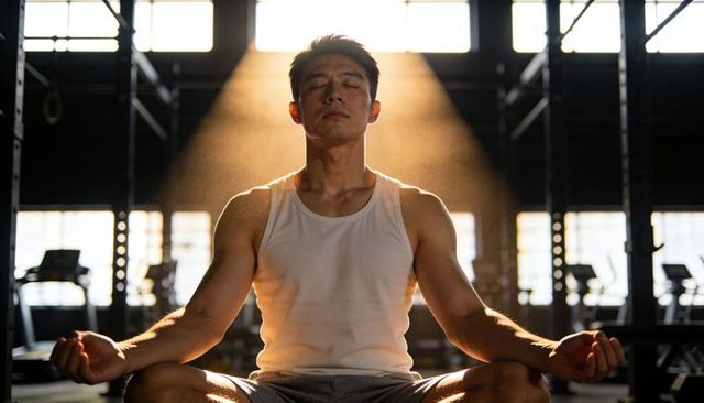 Asian man meditating in sunlit industrial gym, cross-legged on floor, fitness mindfulness