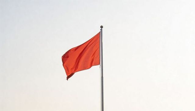 Crimson flag fluttering on silver mast with frayed hem against minimal pale sky