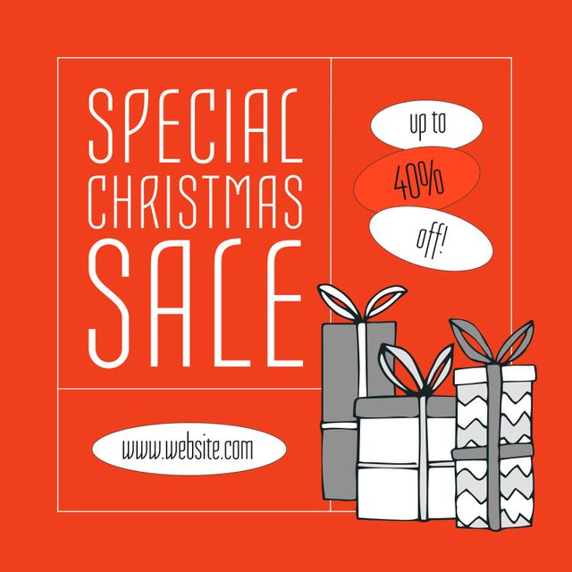 Ideal for promoting holiday sales, this design features a bold 'Special Christmas Sale' announcement with presents, emphasizing a seasonal sale up to 40% off. Perfect for use in online ads, social media posts, email marketing campaigns, or website banners targeting holiday shoppers.