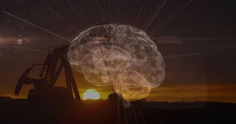 Holographic Brain Hovering Over Oilfield Sunset with Pumpjack Silhouette and Neural Network Glow