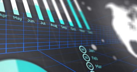 Futuristic 3D Data Dashboard Displaying Cyan Bar Chart, Blue Grid and Teal Pie Analytics
