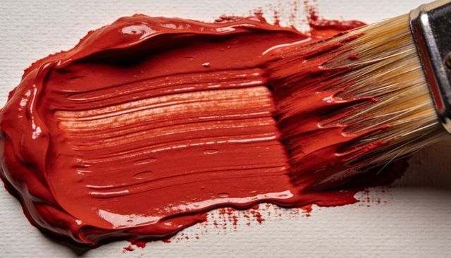 Smearing glossy red paint with flat bristle brush on textured canvas creating bold stroke