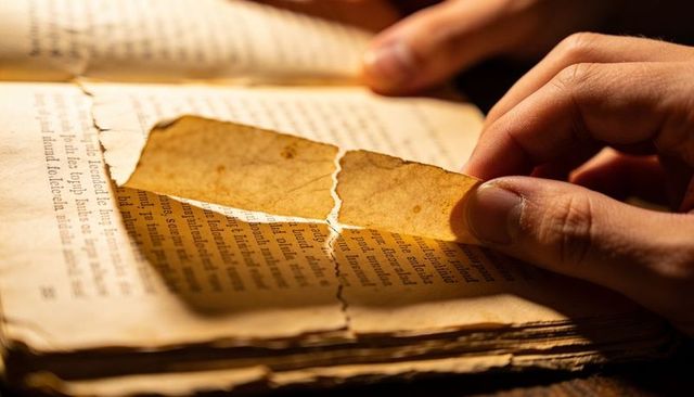 Hands Revealing Torn Vintage Book Page with Aged Parchment Under Warm Golden Light showing foxing te