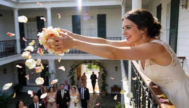Bride tossing bouquet from balcony scattering rose petals over smiling wedding guests below