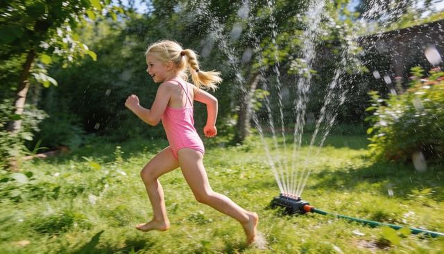 Joyful blonde girl running through backyard sprinkler on sunny summer day, playful water fun