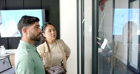 Business team collaborating in modern office using tablet and whiteboard