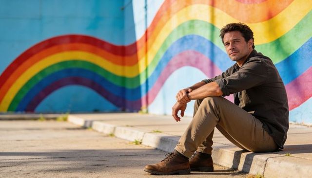 Contemplative man sitting on curb beside vibrant rainbow mural, urban lifestyle portrait