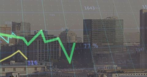Futuristic finance analytics overlaying city skyline concept