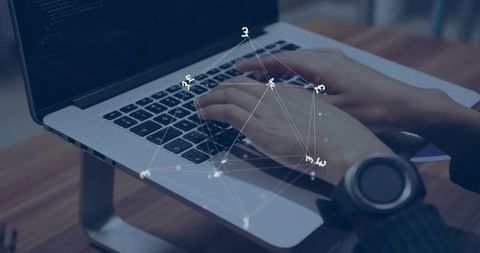 Hands Typing Code on Laptop with Network Overlay and Smartwatch on Wooden Desk Workspace
