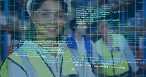 Hispanic Female Engineer in Safety Gear with Digital Code Overlay