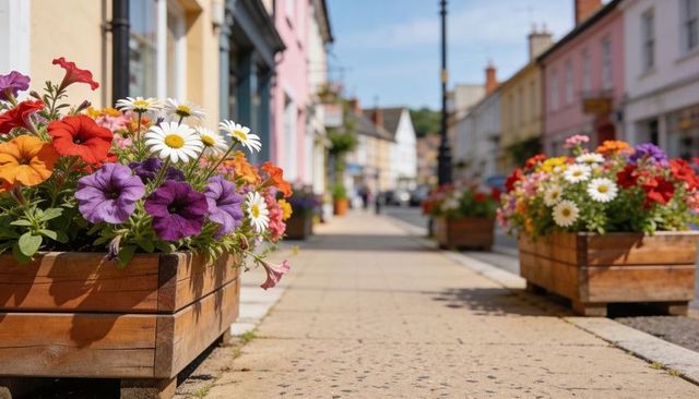 Colorful wooden planters with petunias and daisies lining pastel high street on sunny day