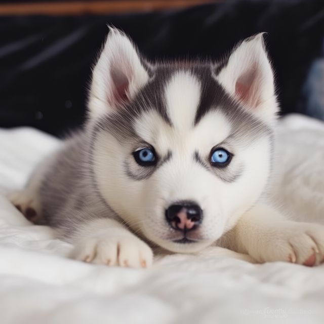 Portrait of cute siberian husky puppy lying on blanket, created using generative ai technology - Download Free Stock Photos Pikwizard.com