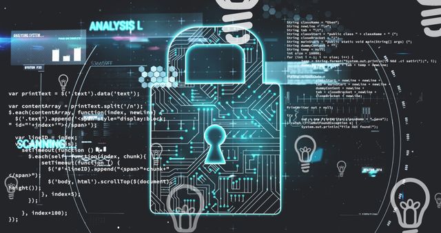 Image of bulb floating over data processing and digital padlock over black background. Internet safety, data security and technology concept digitally generated image.
