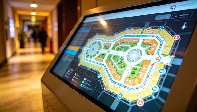 Interactive touchscreen kiosk displaying digital shopping mall floor plan guiding visitors