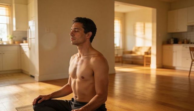 Shirtless man meditating at home on yoga mat in sunlight for mindfulness and wellness