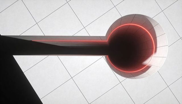 Glowing red-neon circular shaft with long beam over pale tile grid