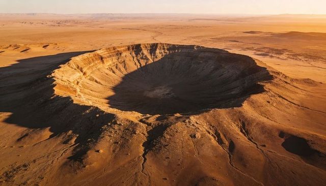 Low sun casting shadows over terraced impact crater on arid plain, desert geology