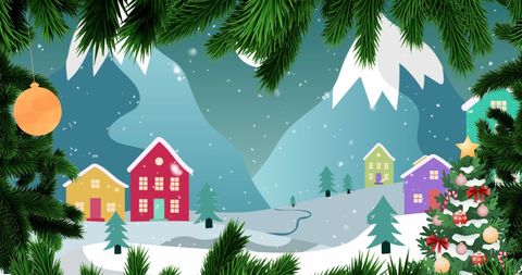Christmas Town Snowy Landscape with Festive Fir Branch Frame - Download Free Stock Images Pikwizard.com