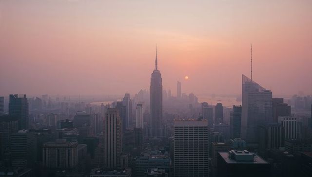 Misty sunrise over central spire skyscraper piercing pastel skyline and harbor silhouette