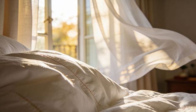 Sunlit unmade bed with white duvet and breezy sheer curtain flowing through open window