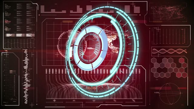 This detailed depiction of a futuristic digital interface with a processing circle overlay is perfect for illustrating concepts in technology, cybersecurity, data analysis, and digital innovation. The vivid red background with intricate data visuals provides a dynamic environment suitable for use in presentations, blogs, websites, and educational materials related to information technology, software development, digital transformation, and high-tech applications.