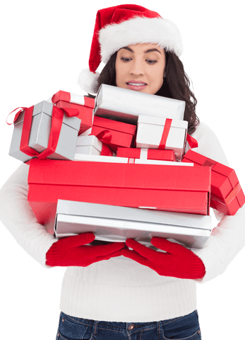 Stressed Woman with Pile of Christmas Gifts on Transparent Background