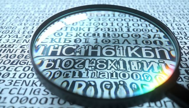 Magnifying Lens Enlarging Binary Code and Mixed Characters with Rainbow Glare