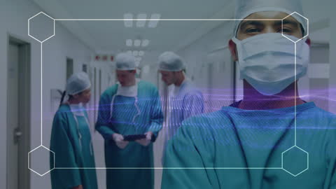 Surgeons in Hospital Corridor with Digital Interface Overlay
