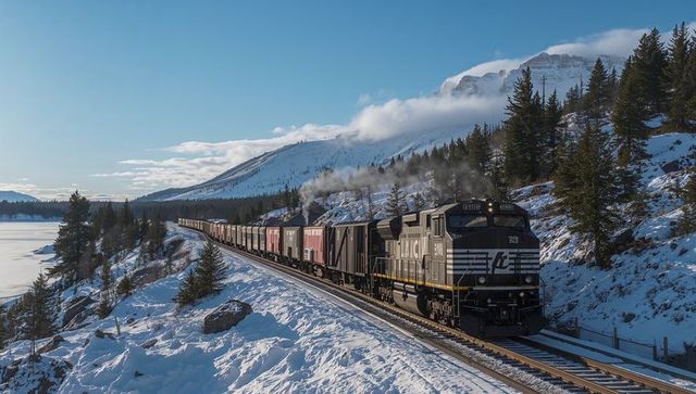 Diesel freight train curving through snowy mountain pass along frozen lake in winter light