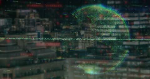 Futuristic Sphere Rotating Over City Skyline Visualizing Data Networks