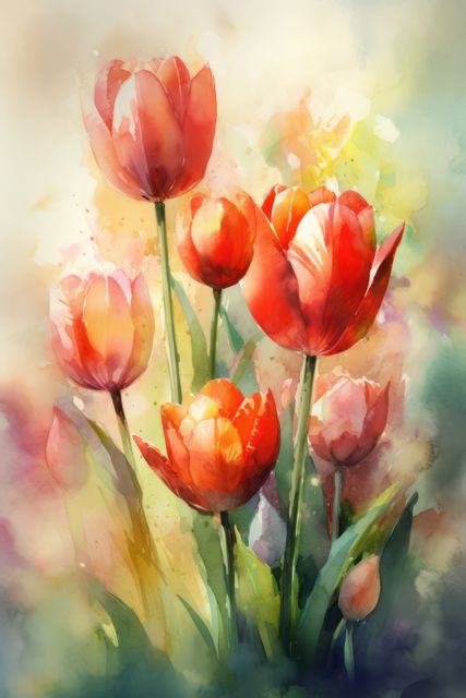 Close up of multi coloured tulips background, created using generative ai technology. Flower, colour, spring and summer concept digitally generated image.