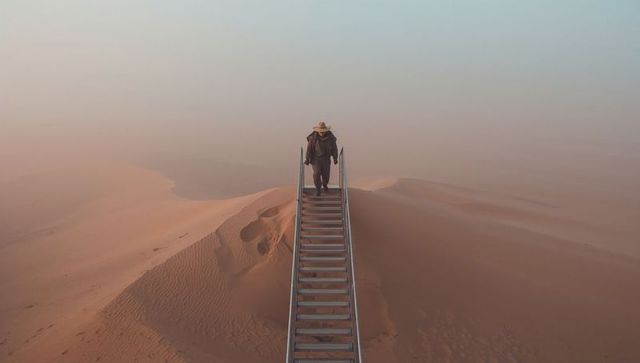 Solitary adventurer descending ladder in vast desert landscape