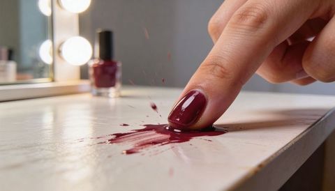 Pressing Manicured Finger Forming Burgundy Nail Polish Spill on Vanity Mirror Lights