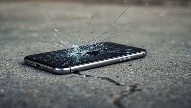 Lying smartphone with shattered glass screen on cracked concrete, closeup detail