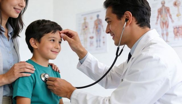 Doctor examining smiling boy with stethoscope during pediatric checkup in clinic