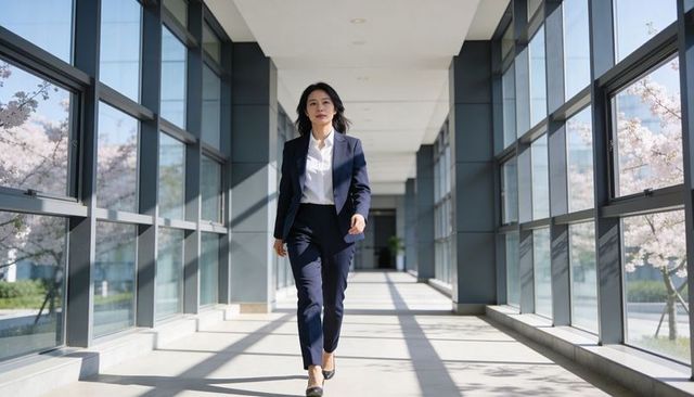 Confident businesswoman walking through glass corridor with blossom views, modern executive