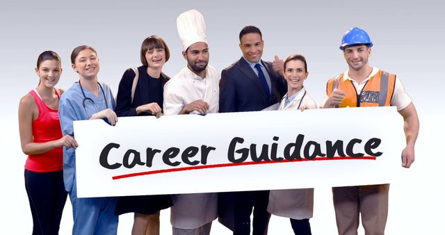 Smiling group of diverse professionals from various career backgrounds holding a 'Career Guidance' banner. Useful for educational materials, career guidance promotions, team-building initiatives, and showcasing workplace diversity.