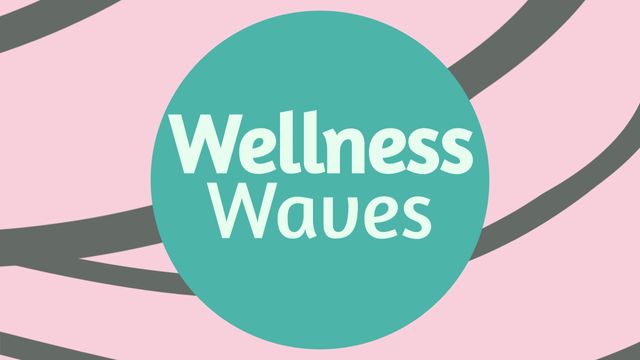 Graphic design featuring the phrase 'Wellness Waves' in white letters on blue circular band with pastel pink background and green curved lines. Ideal for wellness events, health promotion, branding, social media posts, and marketing materials.