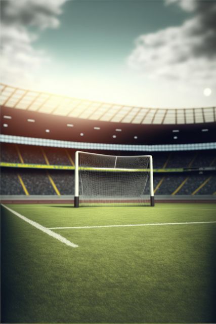 Depicts an empty soccer field with a single goal under an overcast sky in a large stadium. This image can be used for sports advertisements, soccer event promotions, blogs about professional sports, and articles discussing stadium architecture.