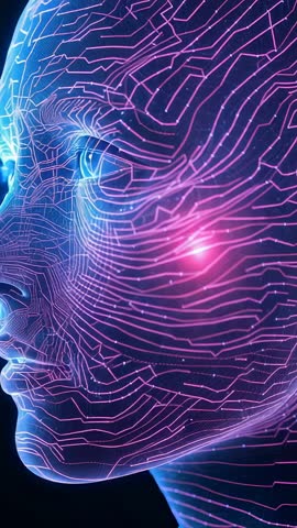 Opening digital head tracing neon circuits with pulsing lights vertical video