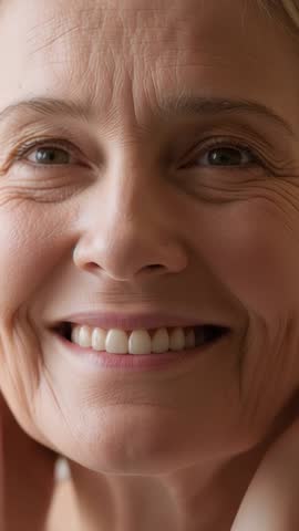 Close-up smiling mature woman adjusting scarf and cradling chin vertical video