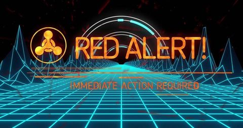 Digital Red Alert Warning on Futuristic Grid Landscape