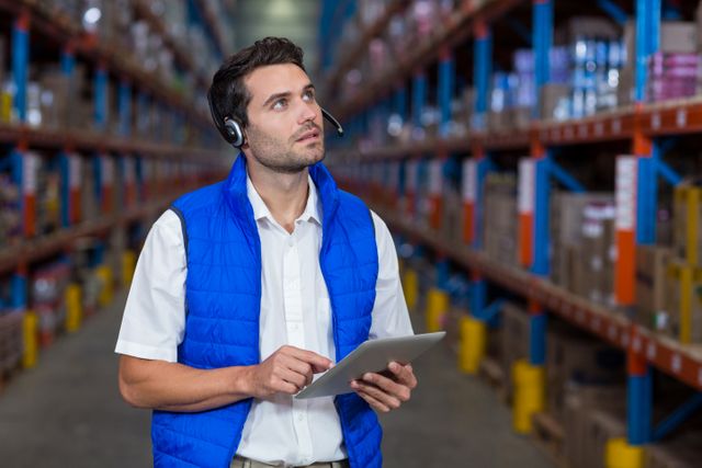 Warehouse worker in a blue vest uses digital tablet for inventory management in large warehouse. Ideal for illustrating themes related to logistics, industrial operations, technology in warehousing, and supply chain management.