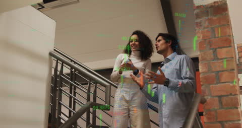 Diverse Business Discussion with Data Overlay in Modern Office