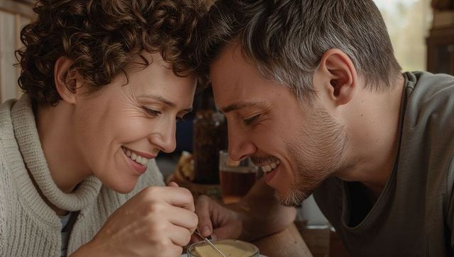 Leaning couple smiling and tasting dessert together in cozy cafe, intimate closeup moment