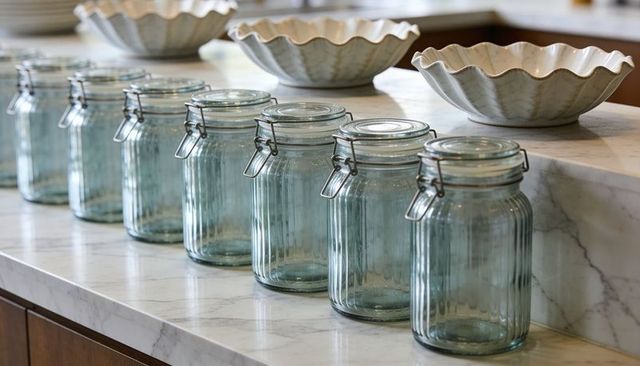 Row of ribbed glass clamp jars on marble countertop featuring scalloped ceramic bowls