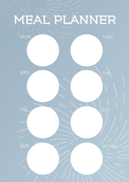 This layout features circles for organizing meals from Monday to Sunday with an additional section for notes. Its clean design is suitable for personal or family meal planning and can be utilized digitally or printed for kitchen display. Great for those seeking to enhance their meal preparation and time management.